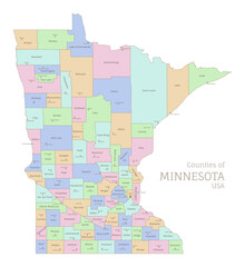 Counties of Minnesota, administrative map of USA federal state. Highly detailed color map of American region with territory borders and counties names labeled realistic vector illustration