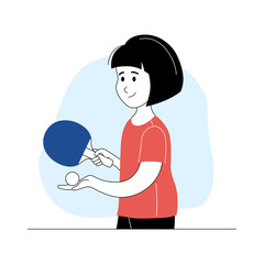 Cute smiling little girl playing table tennis, side view. Cheerful kid ping pong player. Healthy lifestyle, sports activity cartoon thin line vector illustration
