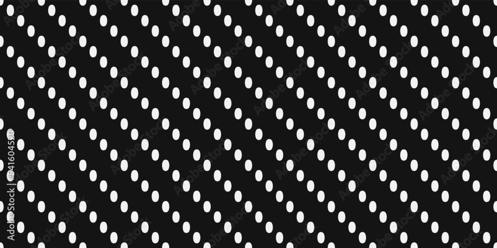 Poster Dots running diagonally are seamlessly connected into a texture pattern. White dots on a black background. Suitable for print and surface decoration.