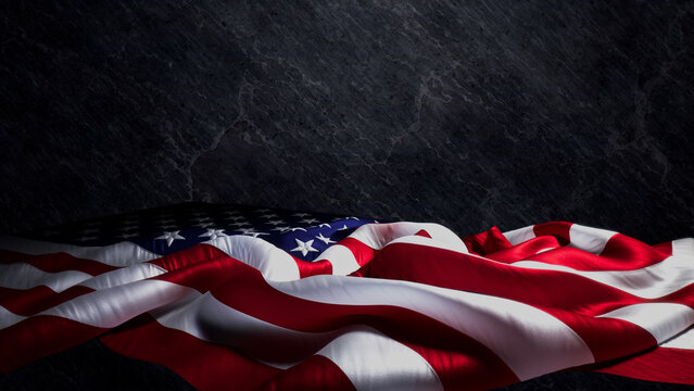 Veterans Day Banner with American Flag, Black Stone Background and Copy-Space.