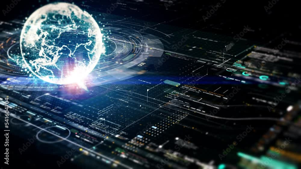 Poster Futuristic digitally generated 3d holographic planet Earth in 360 degree rotation for head up display and user interface design