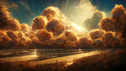 3d Illustration of sunset beach, glow of the setting sun and clouds