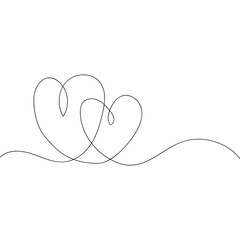 Continuous line drawing of love sign with two hearts embrace minimalism design on white background. Hand sketch art, relationship icon, romance concept. Vector EPS 10.