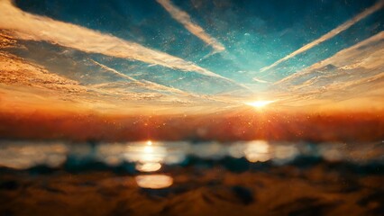 sunset beach on Blurred bokeh background, 3d Illustration of glow of the setting sun