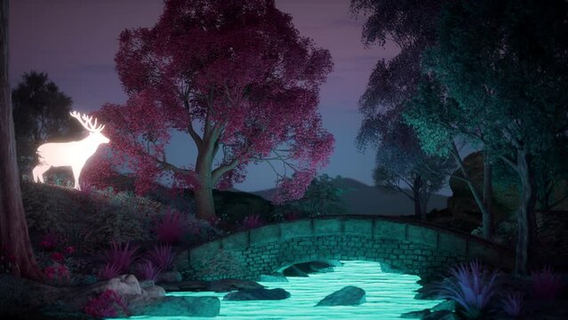lofi loop enchanted forest deer magic and relaxing river meditation animation background