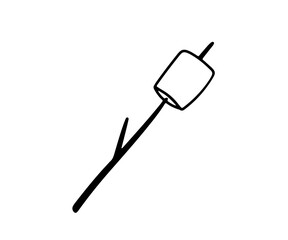 Hand drawn Marshmallow roasted on wooden stick. Vector doodle sketch isolated on white.