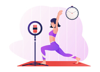 Online sports, yoga classes using a phone with a studio lamp holder, with a young woman showing exercises. . Physical activity, healthy lifestyle vector illustration. Vector illustration.