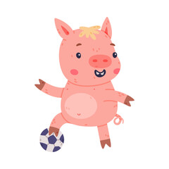Funny Pink Piggy Character with Hoof Playing Football Vector Illustration