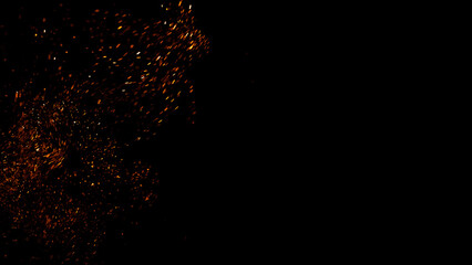 Overlay fire sparks bonfire embers. Burning red hot flying sparks fire rise in the dark night sky. Royalty high-quality stock fire embers particles rising over on black background - obrazy, fototapety, plakaty