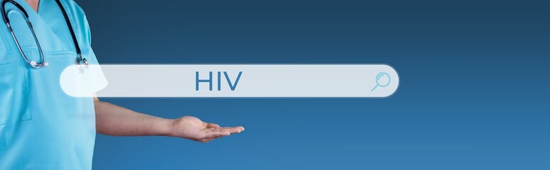 HIV (human immunodeficiency virus). Doctor stretches out hand. Browser search with text hovers over it. Medicine online on the internet - obrazy, fototapety, plakaty