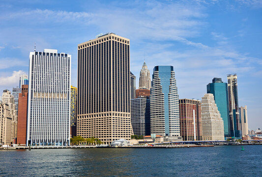 Skyline of New York City from the harbor on a beautiful day