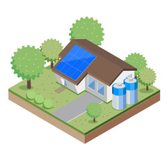 Solar cell panel, sun power, house, electricity, battery, clean energy, ecology, vector isometric illustration and electric plug in	

