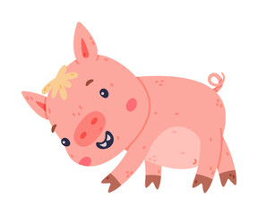 Funny Pink Piggy Character with Hoof Walking and Smiling Vector Illustration