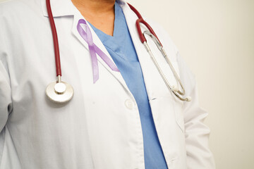 Asian woman doctor with purple ribbon, World Pancreatic Cancer day or World Alzheimer day.