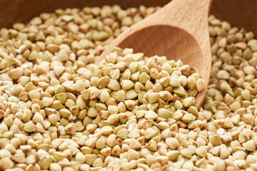 raw buckwheat seed in wood plate and spoon on wooden table background. buckwheat grain, buckwheat...