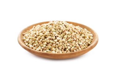 raw buckwheat seed isolated in wood plate on white background. heap of buckwheat seed isolated on white background. buckwheat seeds                                                          