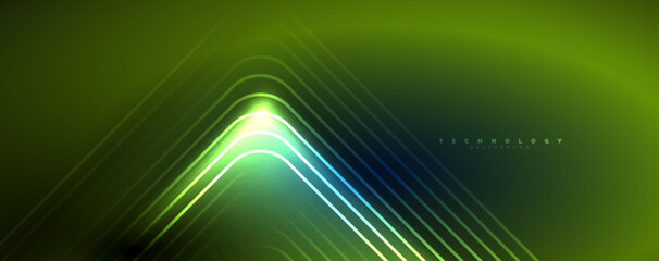 Neon glowing lines and angles, magic energy space light concept. Vector illustration for wallpaper, banner, background, leaflet, catalog, cover, flyer