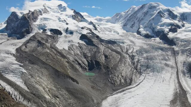 Gorner Glacier. Panning up with views of the glacier from Gornergrat during the day in summer with blue sky
