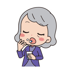 Illustration of a senior woman taking medicine, upper body.