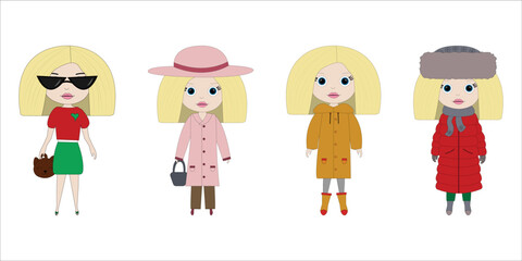Cute little girls dressed for different seasons on a white  background. Girlish background. Perfect for little girl design