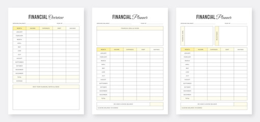 Minimalist Financial planner. Financial planner pages vector templates. Printable financial planner template. Yearly Financial Overview. Budget planner template set. Annual Financial Overview Template