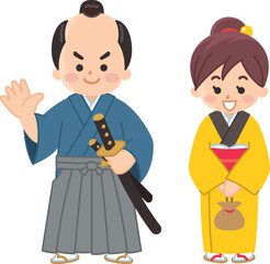 ちょんまげのお侍さんと町娘　武士　侍　サムライ