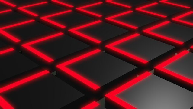 3d render abstract background with squares red neon line