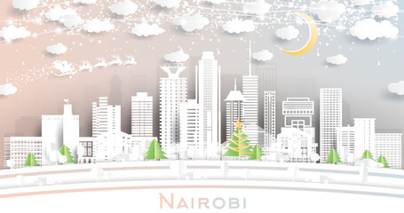 Nairobi Kenya City Skyline in Paper Cut Style with Snowflakes, Moon and Neon Garland.