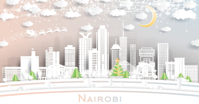 Nairobi Kenya City Skyline in Paper Cut Style with Snowflakes, Moon and Neon Garland.