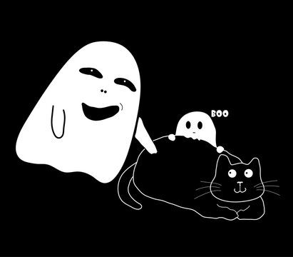halloween ghost cartoon Cartoon image of two cute little ghosts waking a sleeping black cat Vector drawing idea for sticker idea, t-shirt, print, decoration and website.