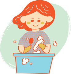 靴をタワシで洗う女性のイラスト