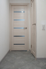A modern interior door with glass inserts, sheathed in light veneer