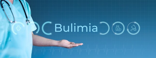 Bulimia nervosa. Doctor stretches out hand. Interface with text and icons. Medicine digital - obrazy, fototapety, plakaty