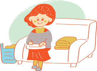 洗濯物をたたむ女性のイラスト