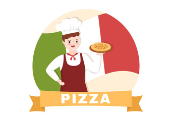 Italian Food Restaurant or Cafeteria with Chef Making Traditional Italian Dishes Pizza in Hand Drawn Cartoon Template Illustration