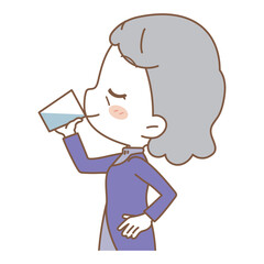 Illustration of a senior woman drinking water, upper body.