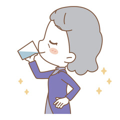 Illustration of a senior woman drinking water, upper body.