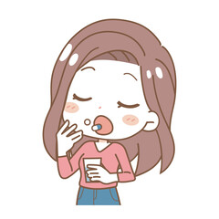 Illustration of a woman taking medicine, upper body.