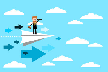 Businessman who are searching for opportunities to improve themselves. Businessman standing on flying paper plane. Business Concept. Vector illustration