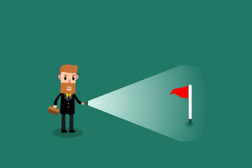 Businessman use flashlight uncovering hidden flag. Finding success goals. Business Concept. Vector illustration