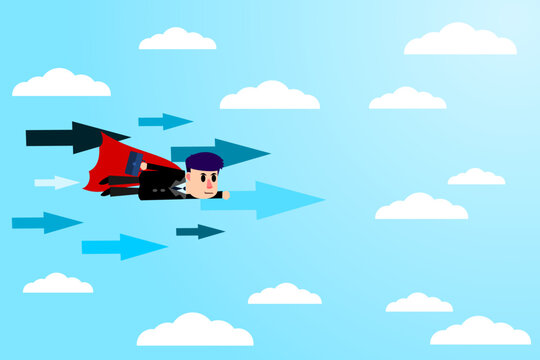 Businessman flying forward like a superhero. Flying forward for better benefits. Business Concept. Vector illustration