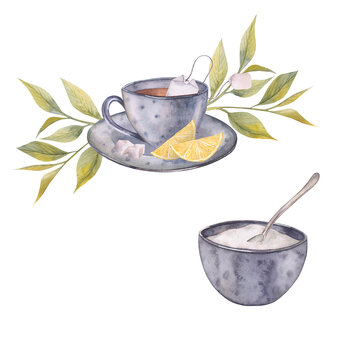 Watercolor illustration cup of tea. Hand painted card isolated on white background. Cup of tea illustration for package design, cooking appliances.