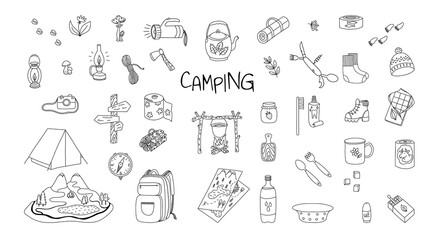 Set of tourist and camping equipment in the style of a doodle on a white background. Picnic in nature. Vector illustration.