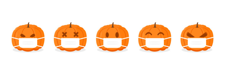 Pumpkin Isolated on white background.Orange Pumpkin on Halloween day. Pumpkin wearing mask. Germ prevention concept. Vector illustration.