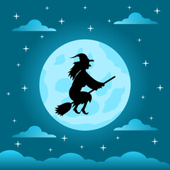 Fototapeta premium A witch riding a broom on the night of the full moon. Happy Halloween graphic design. Vector illustration