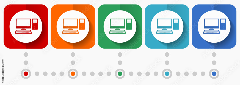 Poster computer, desktop vector icons, infographic template, set of flat design symbols in 5 color options