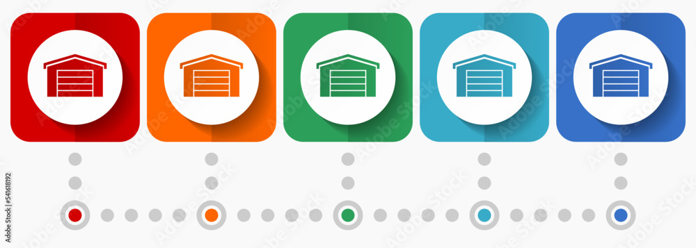 Poster garage building vector icons, infographic template, set of flat design symbols in 5 color options