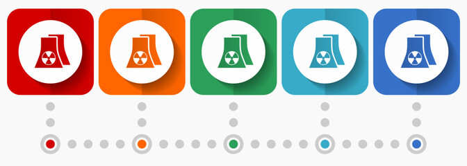 Nuclear power plant vector icons, infographic template, set of flat design symbols in 5 color options