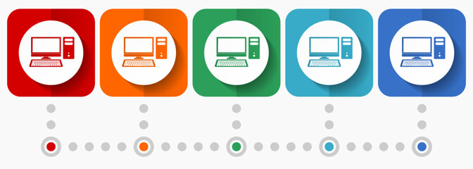 Computer, desktop vector icons, infographic template, set of flat design symbols in 5 color options