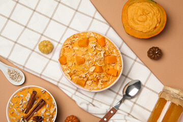 Concept of Autumn vibe food, Pumpkin porridge, top view